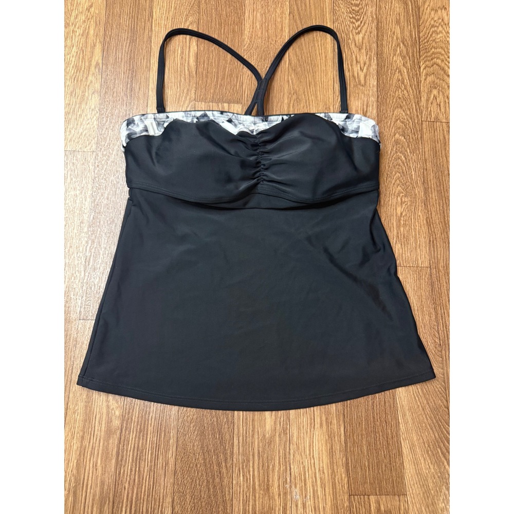 Athleta Black Floral Trim Ruched Tankini‎ Top 36 B/C 438796-00